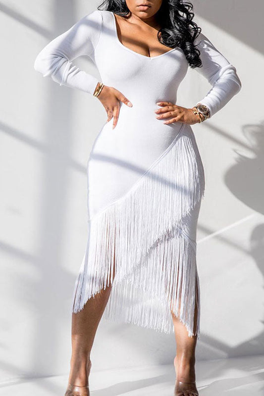 storexq Tassels Chic Irregular Midi Dress