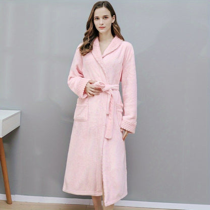 1pc Autumn And Winter Bathrobe, Soft And Skin-friendly Long Sleeve Bathrobe, Thickened Nightgown With Pocket, Warm Long Robe For Home, Bathroom Supplies