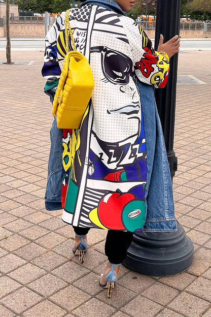 storexq Graffiti Print Patchwork Hippy Denim Trench Coat