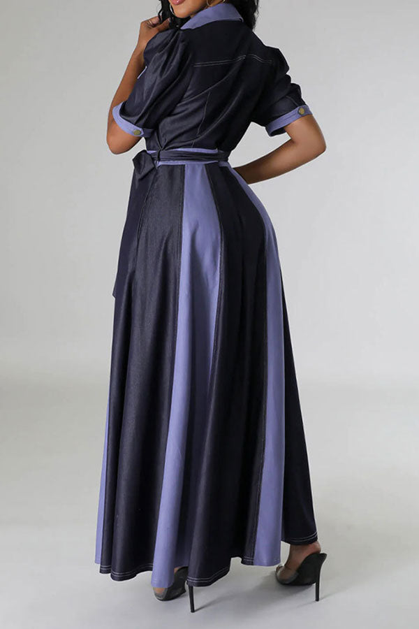 storexq Color Block Patchwork Classic Belted Maxi Dress