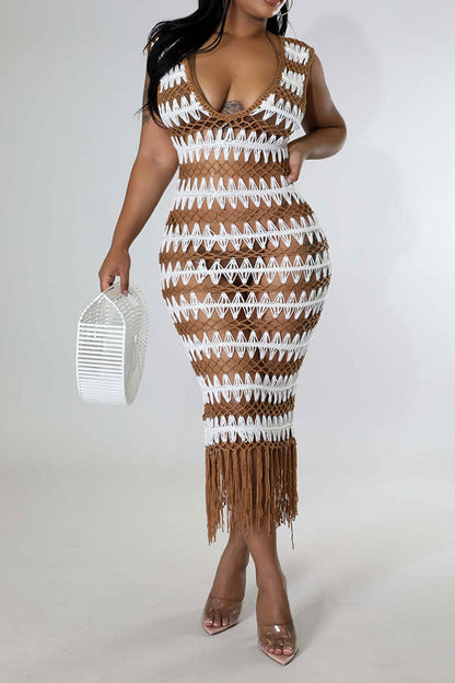 namcoverse Wavy Lines Crochet Cutout Stunning Tassel Midi Dress Beachwear