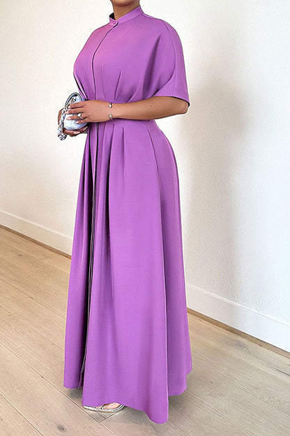 storexq Solid Color Classic Pleated Maxi Shirt Dress