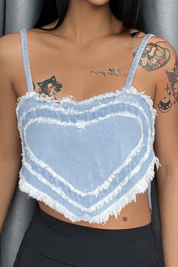 storexq Heart Pattern Sweet Tassel Crop Denim Vest