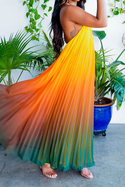 storexq Gradient Glamorous Pleated Backless Maxi Dress