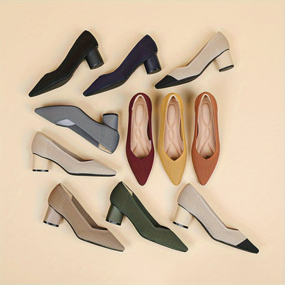 Chic Womens Knit Slip-On Pumps - Soft Chunky Heels, Pointed Toe, Breathable Comfort - Ideal for Work & Casual Style