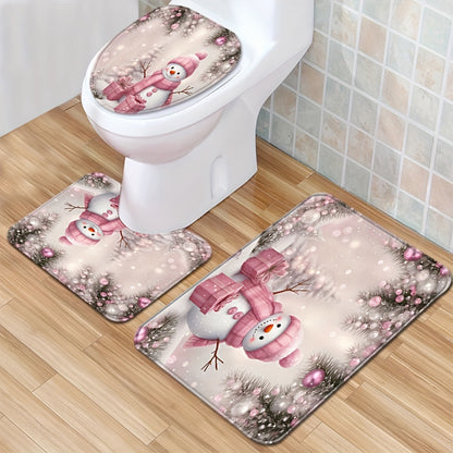 1/3pcs Christmas Snowman Bathroom Rug Set, Non-Slip Washable Polyester Bath Mats, Machine Made Woven Bathroom Decor Set with Toilet Lid Cover and Floor Mat for Holiday Season