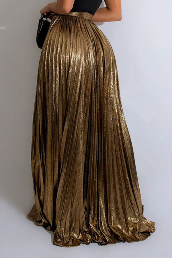 storexq Metallic Glistening High Split Pleated Skirt