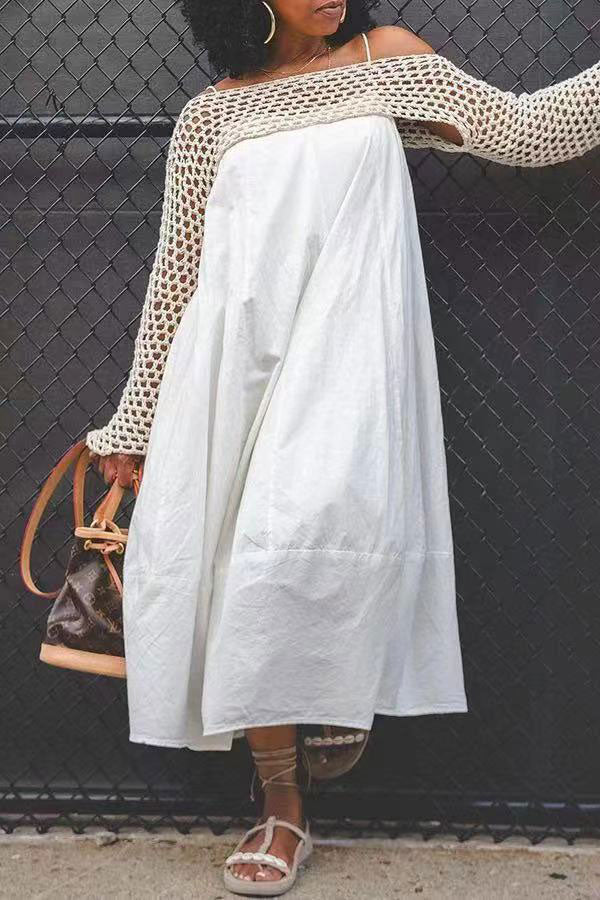 storexq Solid Color Relaxed Swing Dress & Sweater Shawl