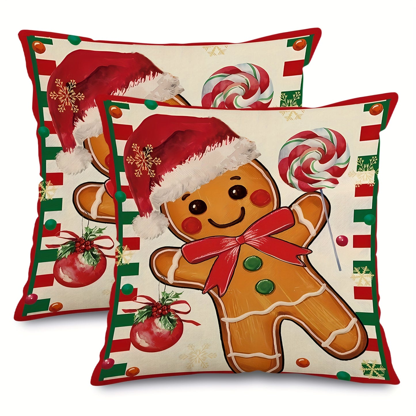 2pcs Festive Christmas Throw Pillow Covers - Gingerbread & Candy Cane Designs, Perfect for Holiday Home & Dining Decor, Machine Washable Linen, Multiple Sizes (16x16/18x18/20x20)