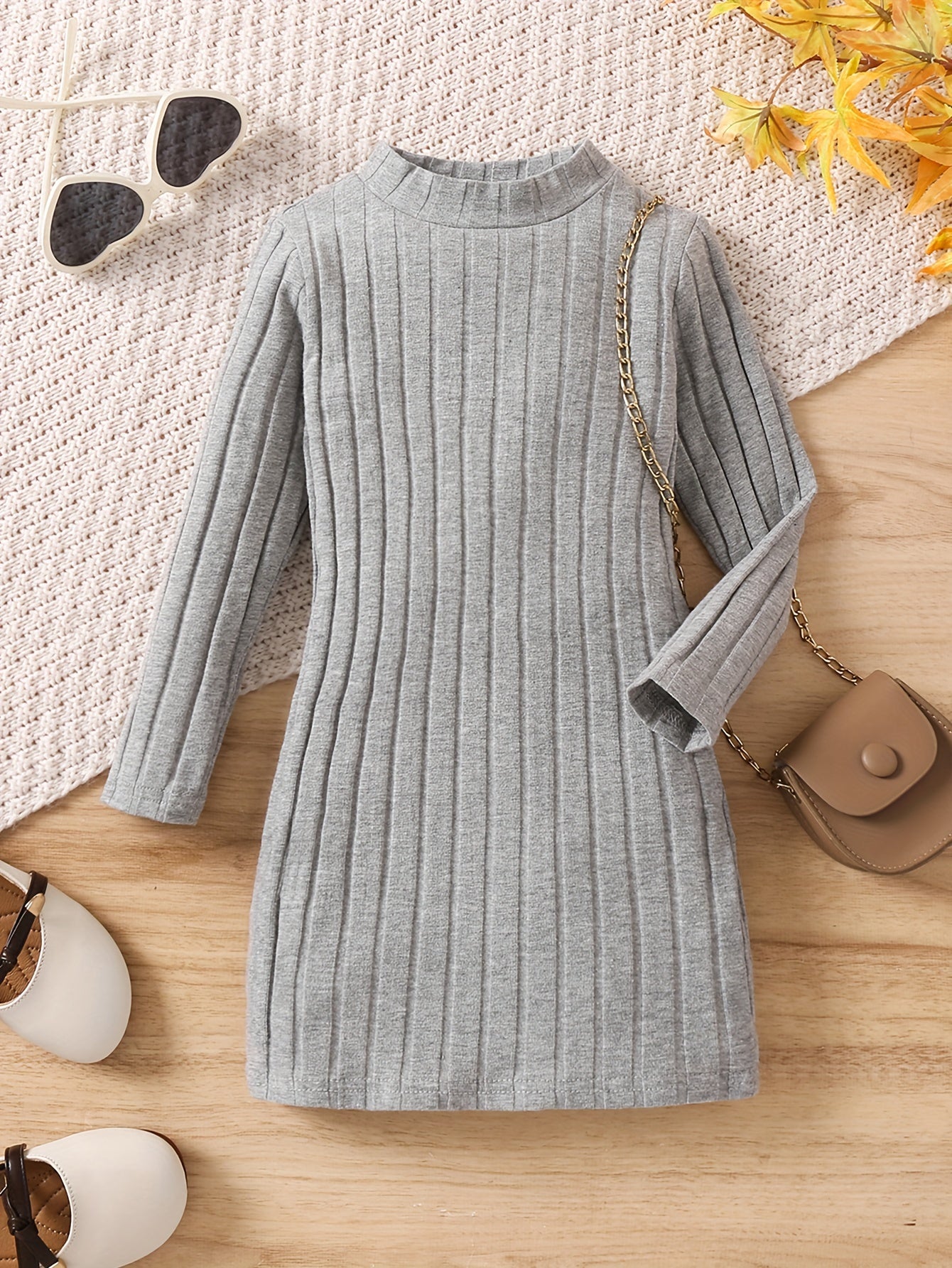 93% Cotton Elegant Ribbed Knit Long Sleeve Dress for Girls - Soft, Warm, and Breathable Fabric - Perfect for Fall, Winter, and Christmas Gift Ideas