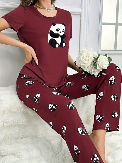 Womens Cute Panda Print Pajama Set - Short Sleeve Round Neck Top & Elastic Pants - Lightweight, Breathable, Perfect for Summer Sleepwear - Cozy, Comfortable Nightwear