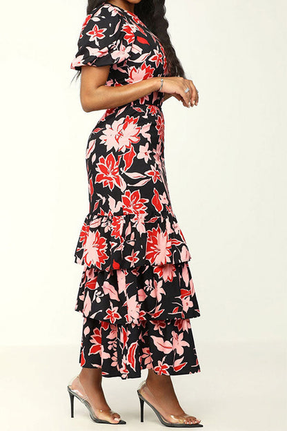 storexq Floral Print Glamorous Belted Tiered Midi Dress