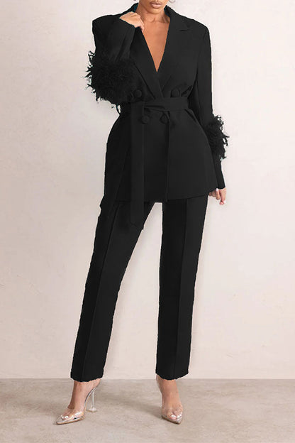 storexq Solid Color Feather Trim Elegant Belted Pant Suit