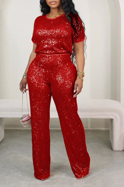 storexq Solid Color Sequined Laid Back Short Sleeve Pant Suit