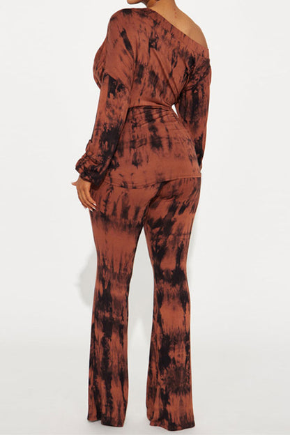 storexq Splash Ink Print Slash Neck Modern Ruched Pant Suit