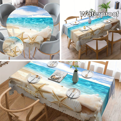 1pc Round/Square Tablecloth, Ocean Beach Clouds Table Cloth, Summer Seascape Coast Sky Shellfish Starfish Wave Tablecover, Waterproof Stain Wrinkle Free, Indoor And Outdoor Table Cover, For Home Kitchen Dining Party Decoration