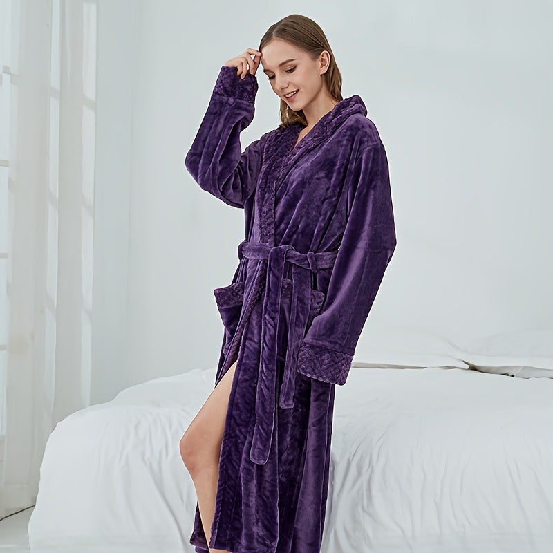 1pc Autumn And Winter Bathrobe, Soft And Skin-friendly Long Sleeve Bathrobe, Thickened Nightgown With Pocket, Warm Long Robe For Home, Bathroom Supplies