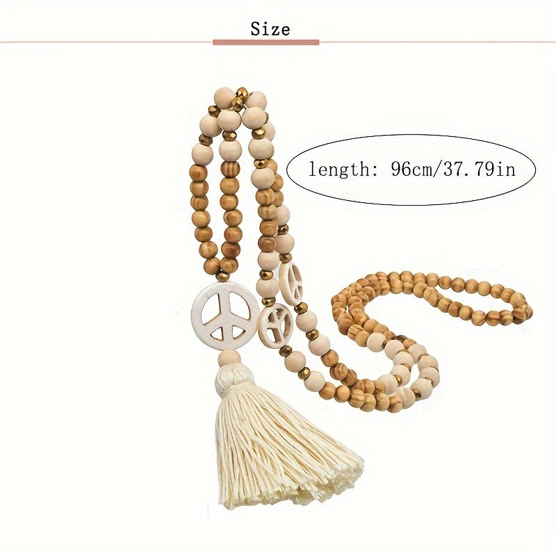 Bohemian Style Handmade Tassel Pendant Wooden Beaded Necklace With Peace Sign Pendant For Women, Vintage Long Beaded Jewelry Accessory