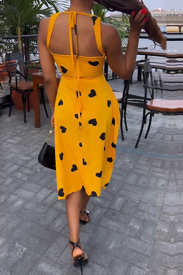 namcoverse Heart Print Sweet Tie Back Drawstring Midi Dress