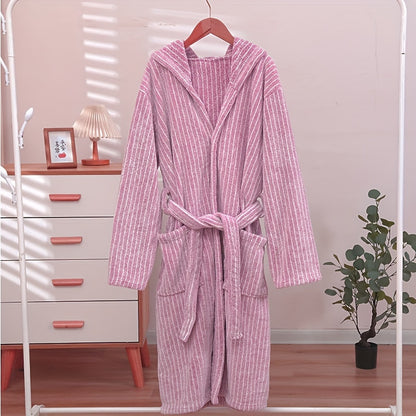 Super Soft Polyester Bathrobe, Contemporary Striped Coral Fleece, Unisex Absorbent Sleep Robe, Space Theme, Woven 240g/㎡, One-Size-Fits-All, Extra Thick & Long for Autumn/Winter – Home Loungewear