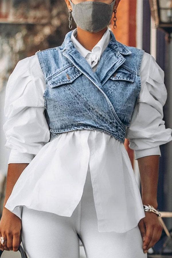 storexq Outstanding Puff Sleeve White Blouse & Adjustable Denim Gilet