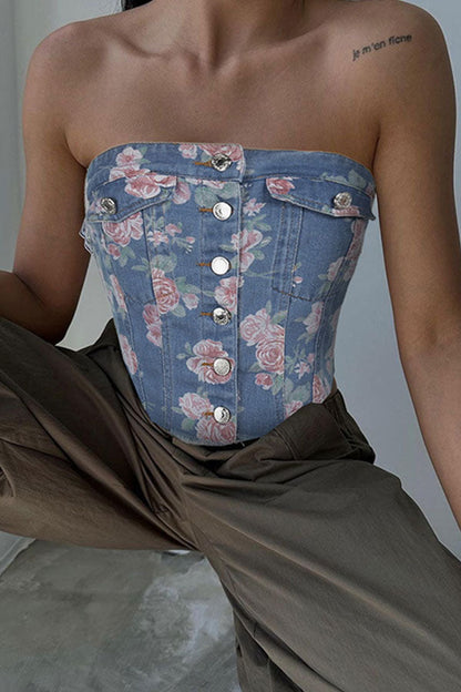 storexq Floral Print Retro Button Thru Denim Camisole