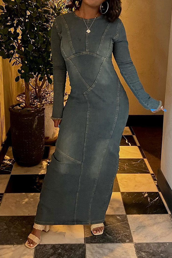 storexq Patchwork Gradient Denim Casual Midi Dress