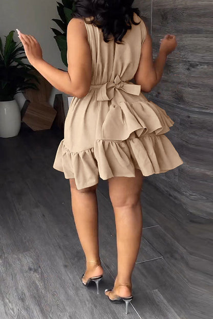 namcoverse Solid Color Cute Tiered Ruffle Mini Dress (With Belt)