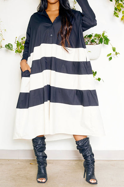 storexq Hit Color Patchwork Relaxed Button Midi Dress