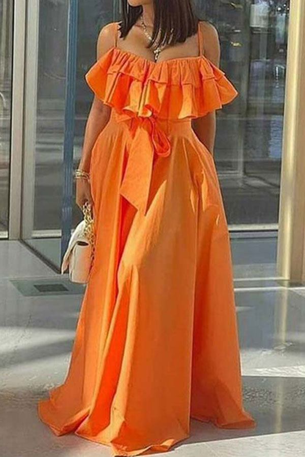 storexq Solid Color Ruffle Stunning Lace-Up Maxi Dress