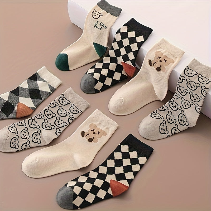 5 Pairs Of Boy's Trendy Cartoon Checkered Crew Socks, Breathable Comfy Casual Style Unisex Socks For Kids Outdoor All Seasons Wearing