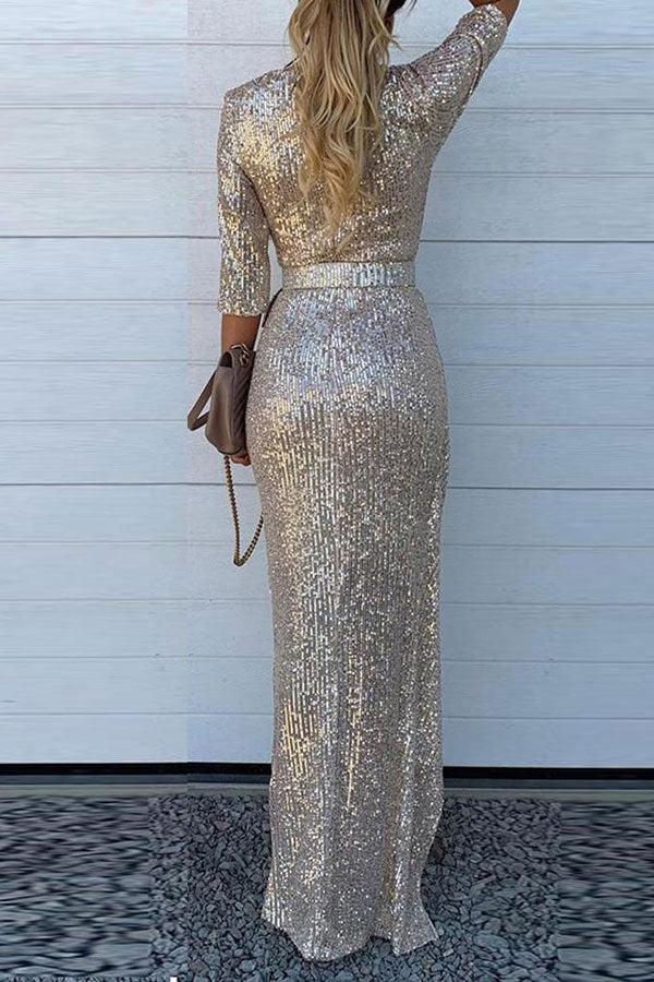 storexq Sequined V Neck Glamorous Maxi Dress