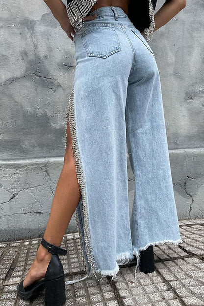 storexq Solid Color Urban High Split Tassel Trim Jeans