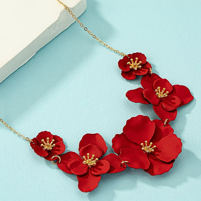 Bohemian Style Handmade Red Pendant Flower Necklace, Fashionable Temperament Women's Floral Princess Necklace Jewelry For Vacation And Casual Wear