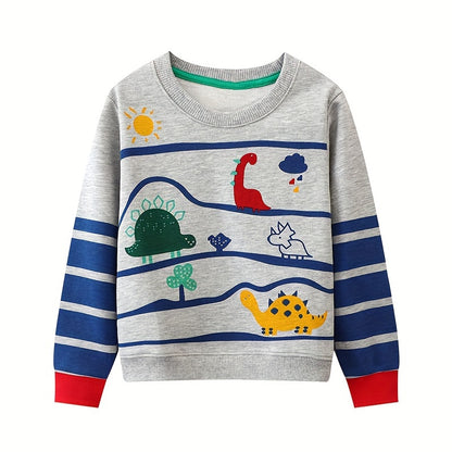 Boys Cartoon Dinosaurs Long Sleeve Crew Neck Pullover Sweatshirt - Soft Cotton, Slight Stretch, Casual Style for Spring/Fall - Hand Wash Only, Regular Fit, Knit Fabric