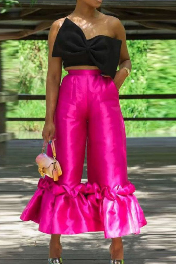 storexq Big Bowknot Sweet Ruffle Wide Leg Pant Suit