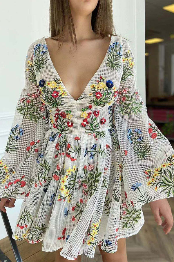 storexq Floral Embroidery Puff Sleeve Sophisticated A-Line Mini Dress