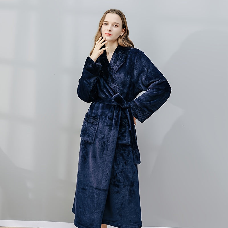 1pc Autumn And Winter Bathrobe, Soft And Skin-friendly Long Sleeve Bathrobe, Thickened Nightgown With Pocket, Warm Long Robe For Home, Bathroom Supplies