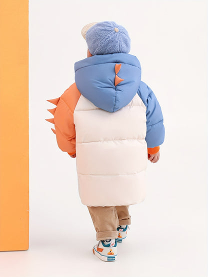 Boy's Trendy Color Block Dinosaur Mid-length Down Jacket, Long Sleeve Warm Hooded Coat With Pockets For Winter Outdoor Casual Activities