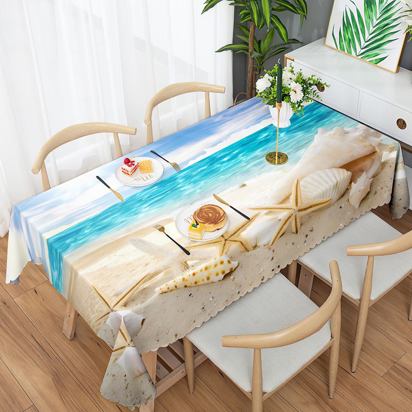 1pc Round/Square Tablecloth, Ocean Beach Clouds Table Cloth, Summer Seascape Coast Sky Shellfish Starfish Wave Tablecover, Waterproof Stain Wrinkle Free, Indoor And Outdoor Table Cover, For Home Kitchen Dining Party Decoration