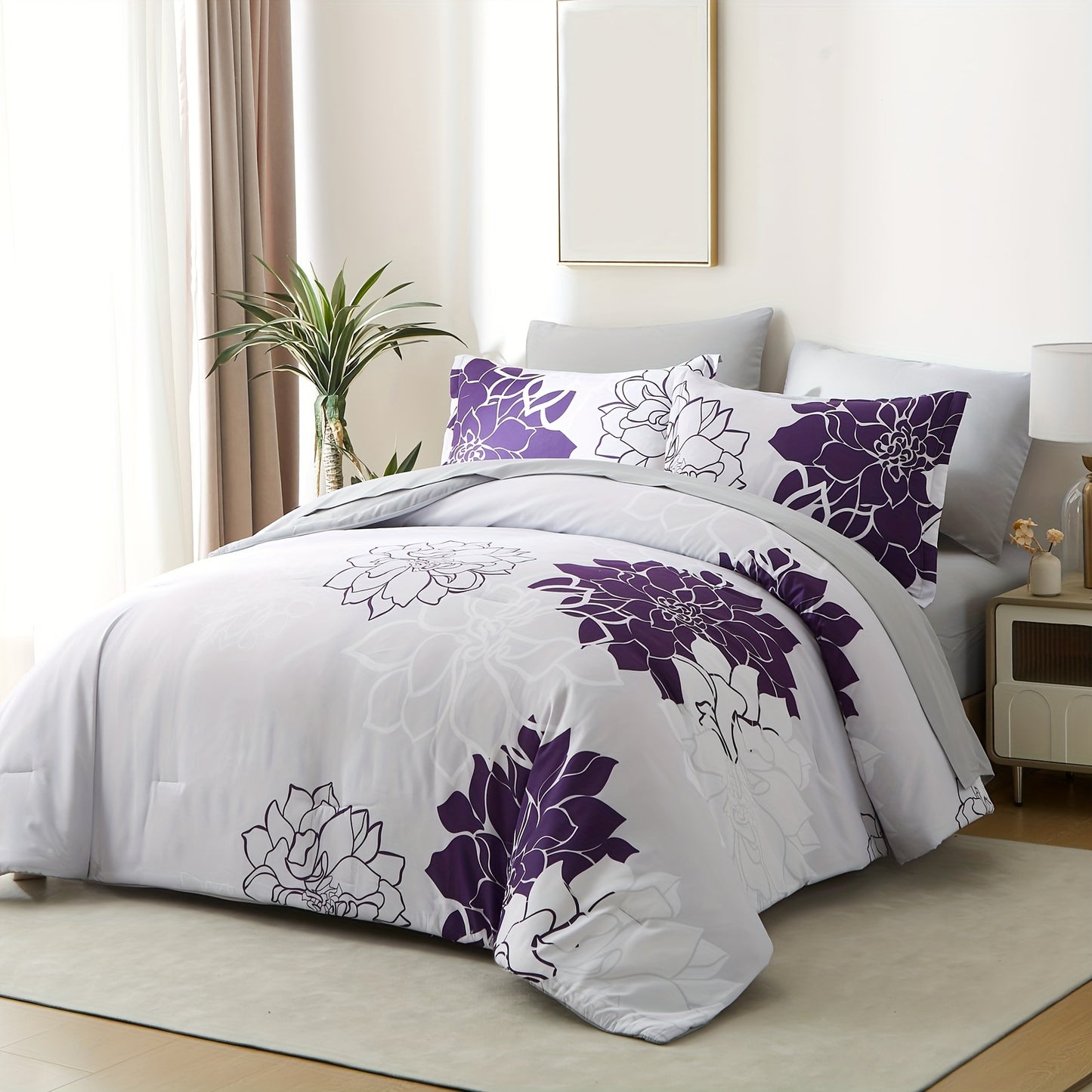 7-Piece Luxurious Boho Chic Comforter Set - Soft, Stain-Resistant, and Breathable 100% Microfiber Cover, Plush 100% Polyester Fiber Filling, Durable Woven Construction - Full/Queen/King Size Bed In A Bag for All Seasons, Vibrant Floral Pattern Printed Bed