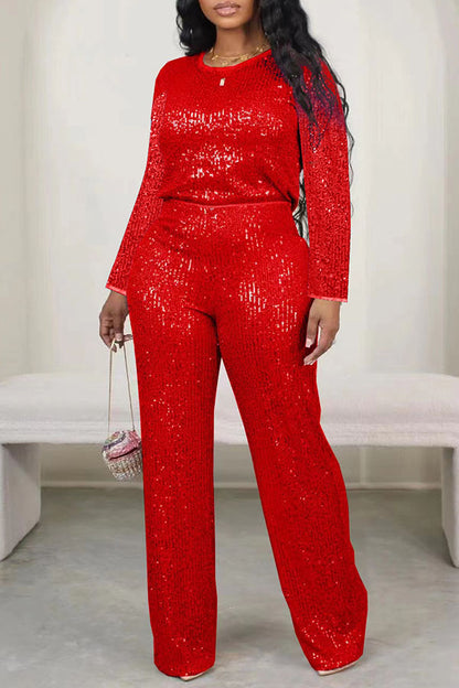 storexq Solid Color Sequined Striking Round Neck Pant Suit