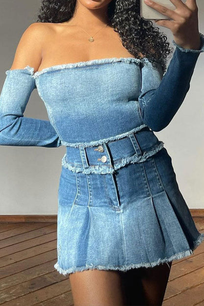 storexq Gradient Girly Off Shoulder Denim Blouse