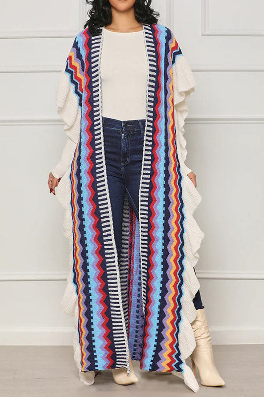 namcoverse Rainbow Chevron Jacquard Elegant Ruffled Cardigan