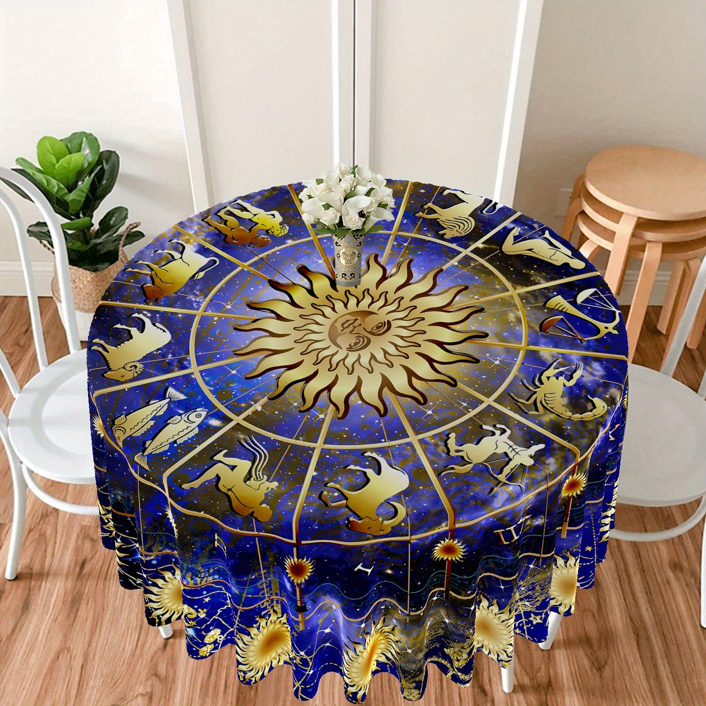 1pc Round Tablecloth 63 Inch, Boho Table Cloth With 12 Zodiac Patterns, Stain Resistant, Absorbent And Wrinkle Free, Circle Table Cover For Home Kitchen Dining Party Patio Indoor And Outdoor Use, Room Decor, Scene Decor