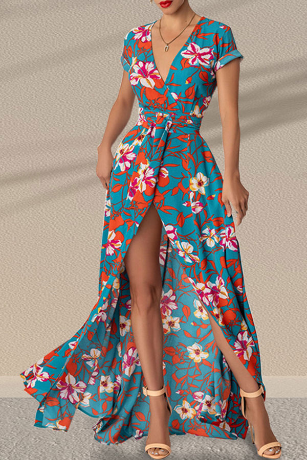 storexq Floral Print Elegant Belted High Split Maxi Dress