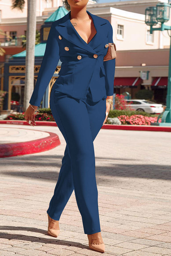 storexq Solid Color Modern Double Breasted Pant Suit