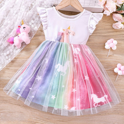 Toddler Girls Cartoon Unicorn Ruffled Sleeveless Round Neck Contrast Mesh Dress Kids Summer Clothes