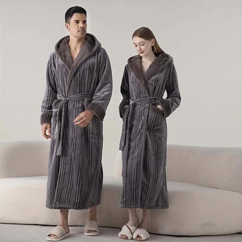 Ultra-Soft Plus Size Hooded Bathrobe - Cozy, Thickened Long Robe for Men & Women, Perfect for Fall/Winter, Ideal Bathroom Accessory