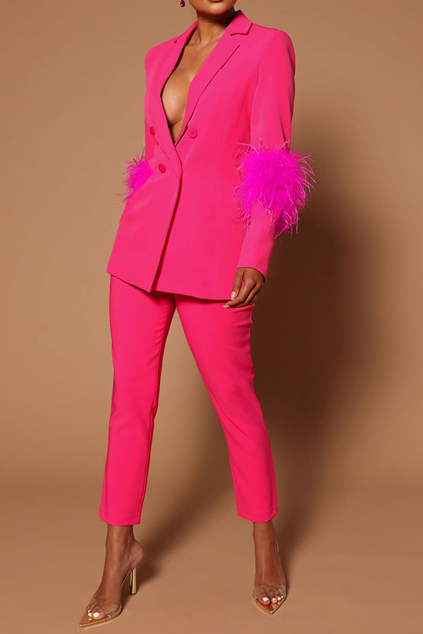 storexq Solid Color Feather Trim Stylish Pant Suit